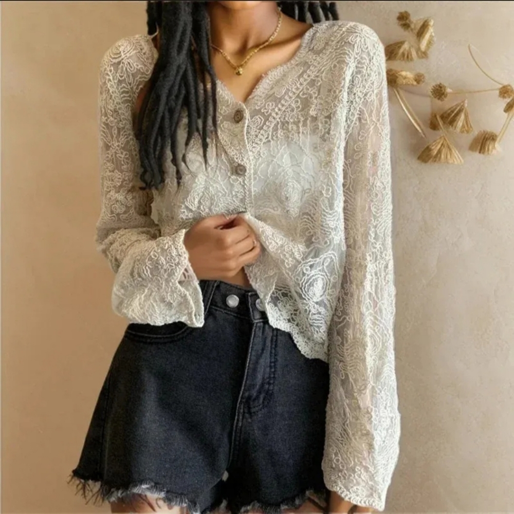 AZ Chic Lace Embroidered Button Up Long Sleeve Blouse